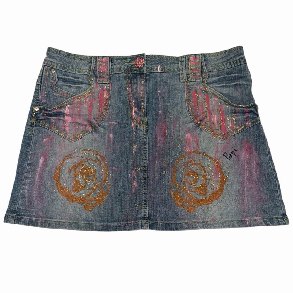 Denim Mini Skirt Womens Size 11 Blue Painted Lace Rhinestone Y2K Low Rise Retro⭐